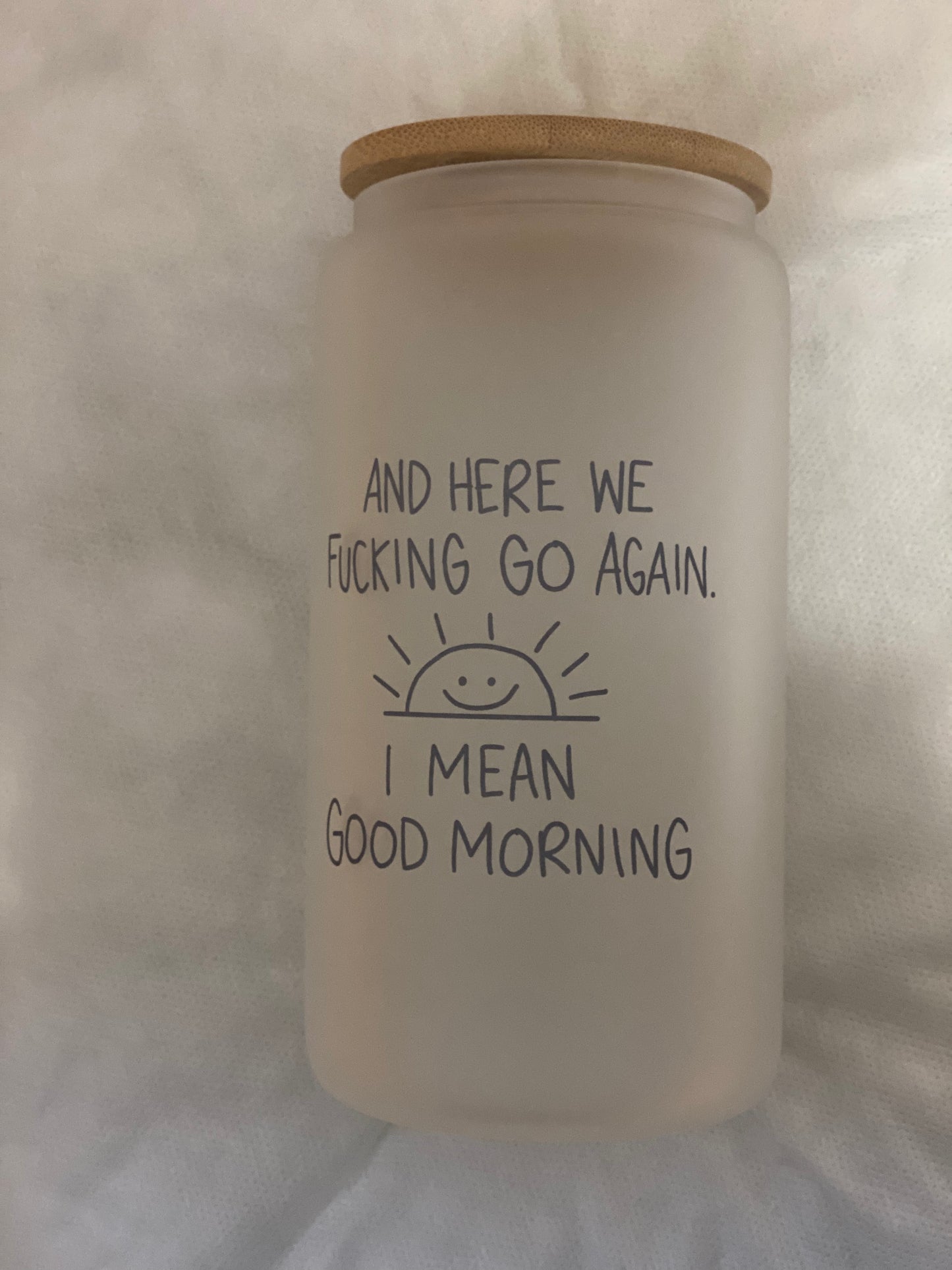 Frosted glass can with bamboo lid and plastic straw 16oz