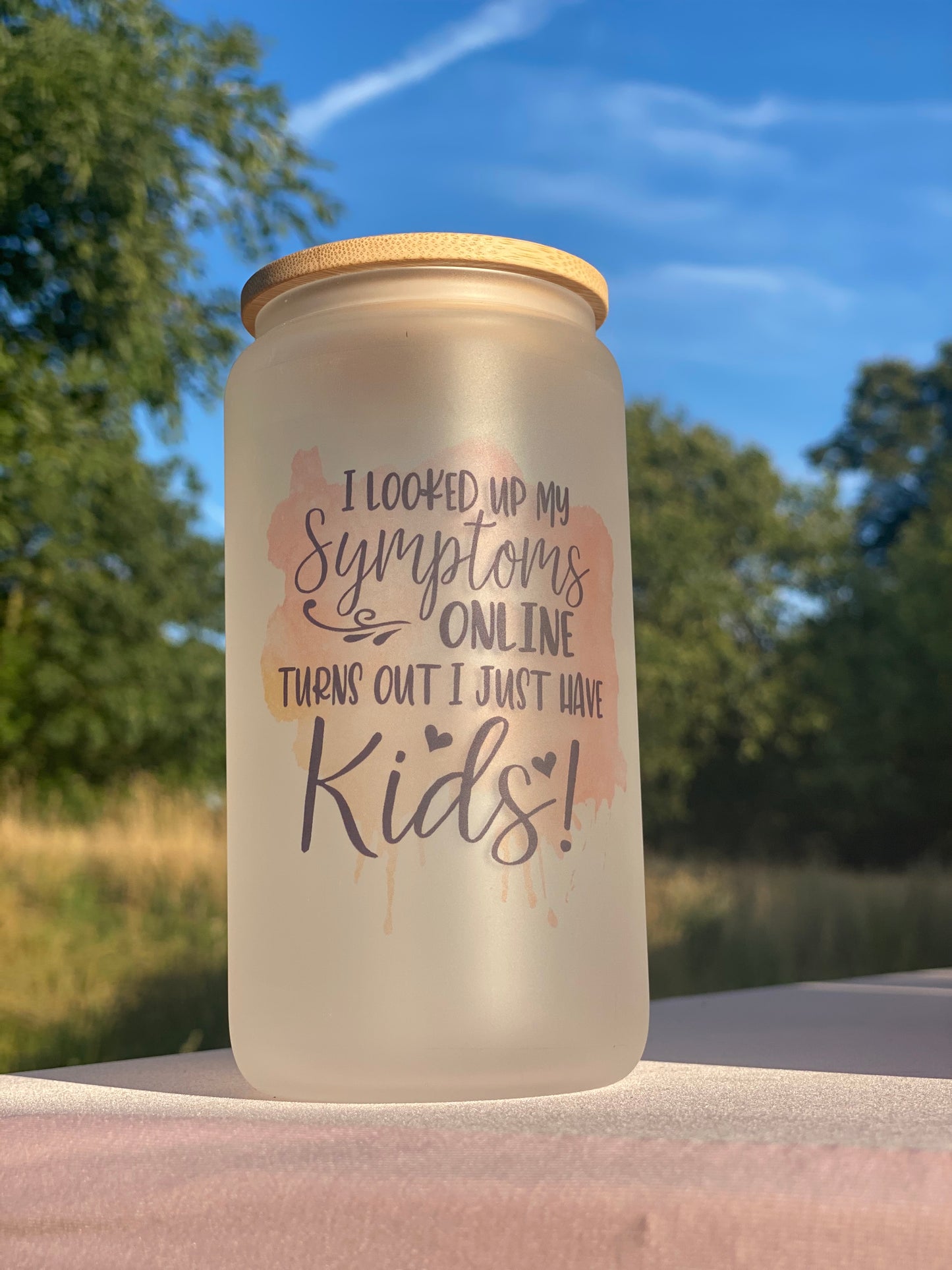 Frosted glass can with bamboo lid and plastic straw 16oz