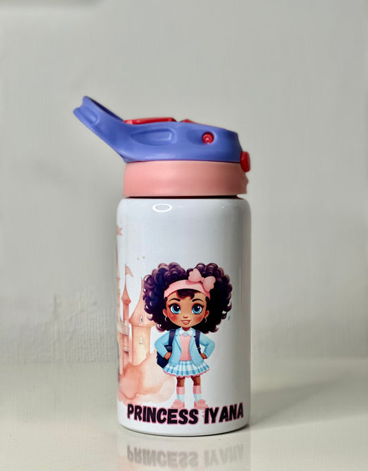 Personalised kids water bottle with straw.